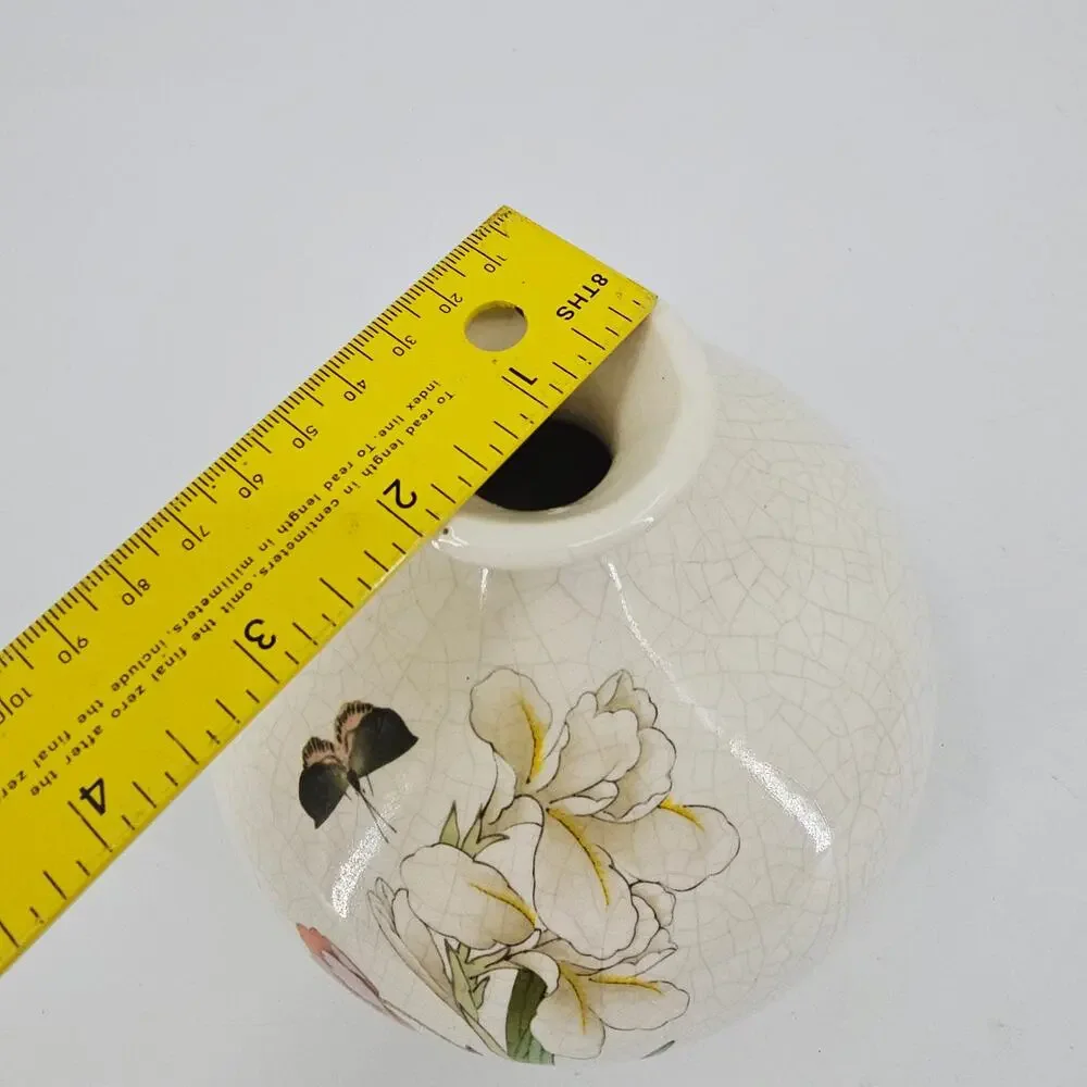 Vintage Japanese Crackle Craze Pottery Vase Butterfly Floral White 7” Tall